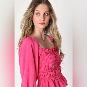Lulus Flirty Reveal Hot Pink Smocked Long Sleeve Lace-Up Peplum Top